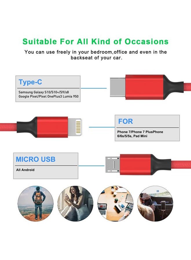 MTAKYI Multi 3 in 1 USB Long iPhone Charging Cable, 1.8M/5.9Ft Nylon Braided Universal Phone Charger Cord USB C/Micro USB/Lightning Connector Adapter for Android/Apple/Samsung/LG/Pixel/Huawei/XiaoMi(Red) - Image 2