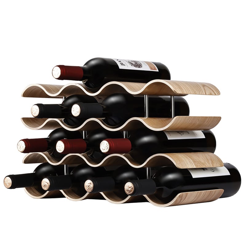 TRUDING Countertop Wine Rack  14 Bottle Freestanding Wine Bottle Holder Stand  4 Tier Wooden Wine Storage Rack  Wavy Wine Organizer for Cabinet Pantry Home Kitchen Bar
