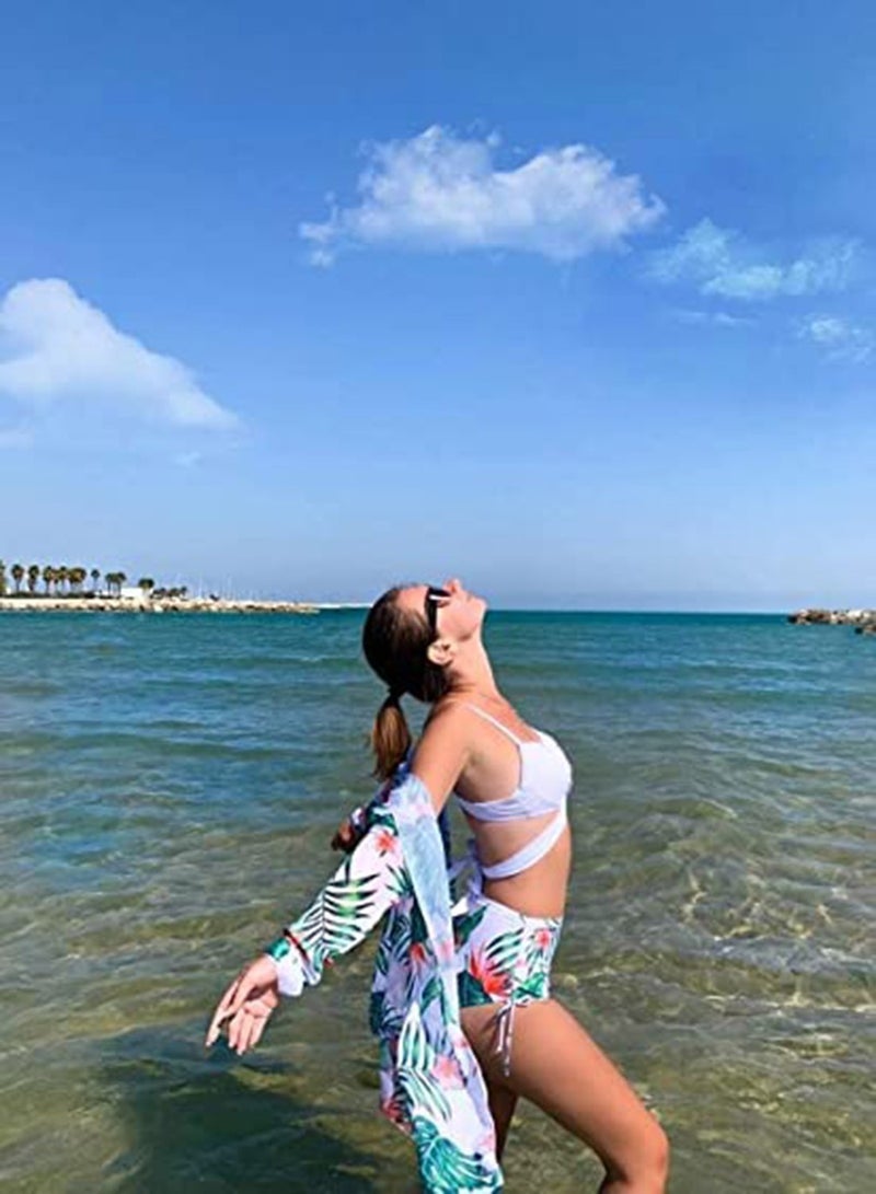 Zikra Women Swimsuit, Floral Tropical High Waist Wrap Swimsuit with Beach Kimono Cover Ups, 3 Piece Swimwear Padded Bikini Bathing Suit Set, Fashion Swimwear Cover for Women (L) - Image 2