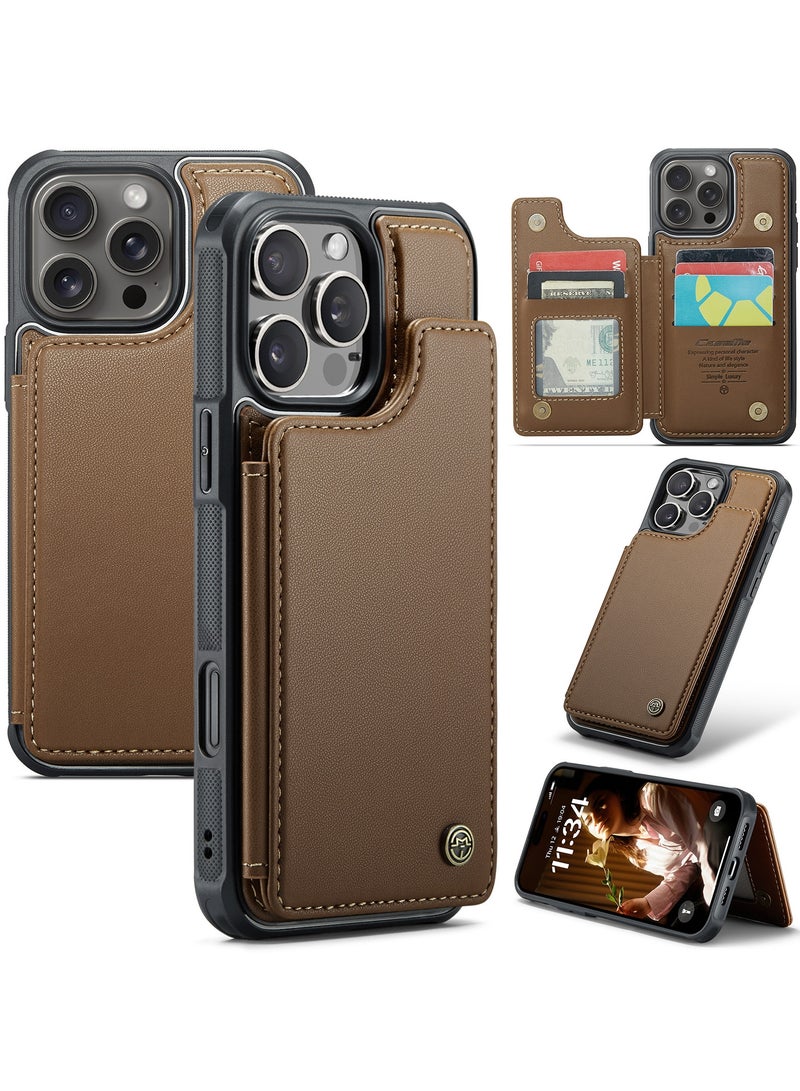 CaseMe Wallet Case for iPhone 16 Pro Max Premium Handmade Durable PU Leather Slim Shockproof Case with [Double Magnetic Clasp] [Card Holder] [Kickstand] [RFID Blocking] (Brown) - Image 1