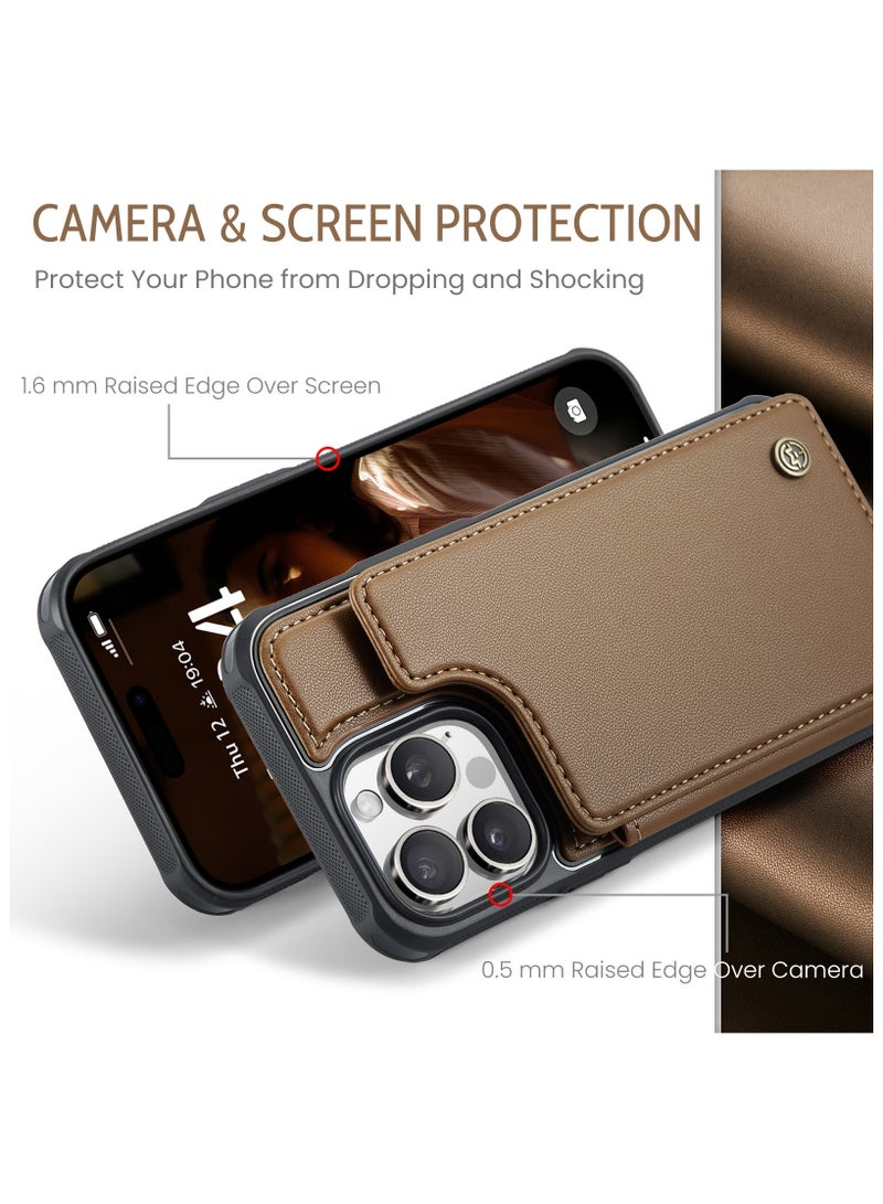 CaseMe Wallet Case for iPhone 16 Pro Max Premium Handmade Durable PU Leather Slim Shockproof Case with [Double Magnetic Clasp] [Card Holder] [Kickstand] [RFID Blocking] (Brown) - Image 4