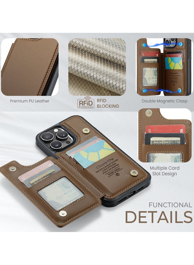 CaseMe Wallet Case for iPhone 16 Pro Max Premium Handmade Durable PU Leather Slim Shockproof Case with [Double Magnetic Clasp] [Card Holder] [Kickstand] [RFID Blocking] (Brown) - Image 3