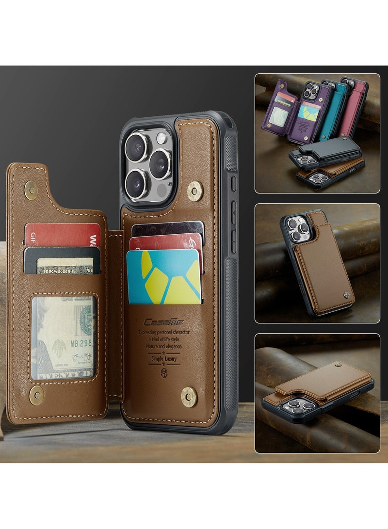 CaseMe Wallet Case for iPhone 16 Pro Max Premium Handmade Durable PU Leather Slim Shockproof Case with [Double Magnetic Clasp] [Card Holder] [Kickstand] [RFID Blocking] (Brown) - Image 2