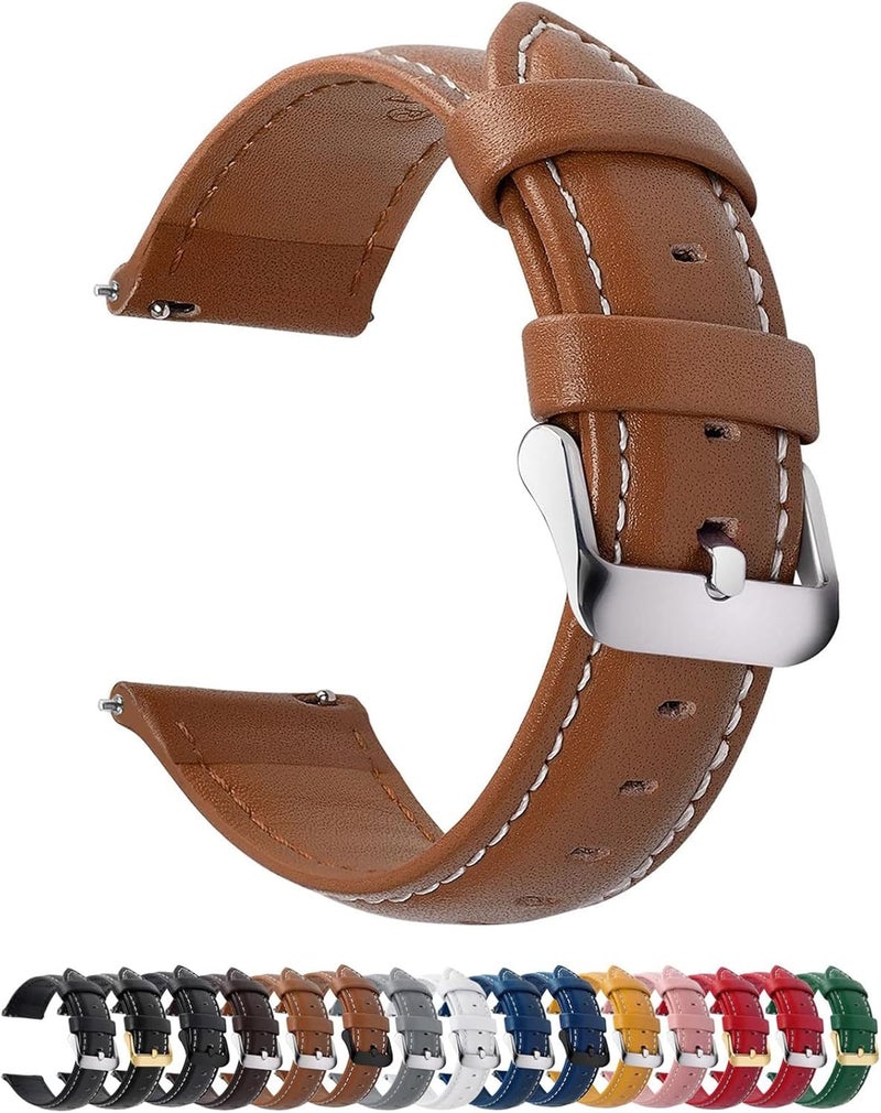 Fullmosa Watch Strap 18mm 19mm 20mm 22mm 24mm,Axus Genuine Leather Watch Band with Quick Release for Men Women, Brown+silver buckle, 20MM, Classic - Image 1
