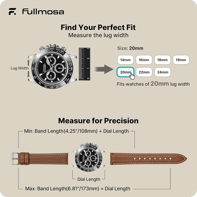 Fullmosa Watch Strap 18mm 19mm 20mm 22mm 24mm,Axus Genuine Leather Watch Band with Quick Release for Men Women, Brown+silver buckle, 20MM, Classic - Image 5