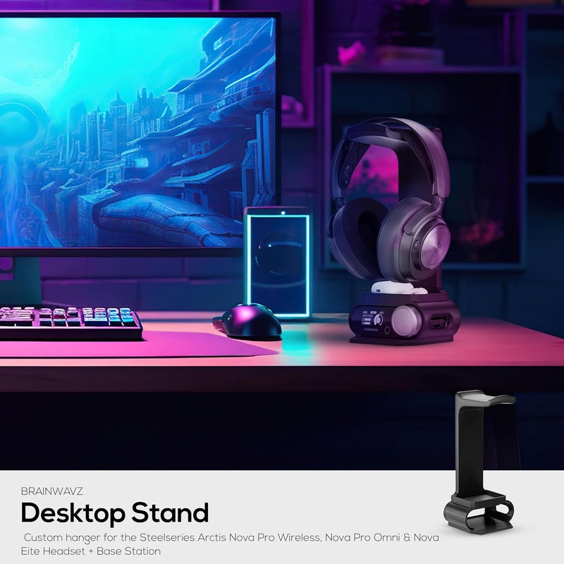 براينوافز حامل سماعات الأذن وجهاز تحكم الألعاب من مصمم لسماعات Steelseries Arctis Nova Pro اللاسلكية مع قاعدة محطة الإرسال اللاسلكية - أسود (HP03) - Image 3