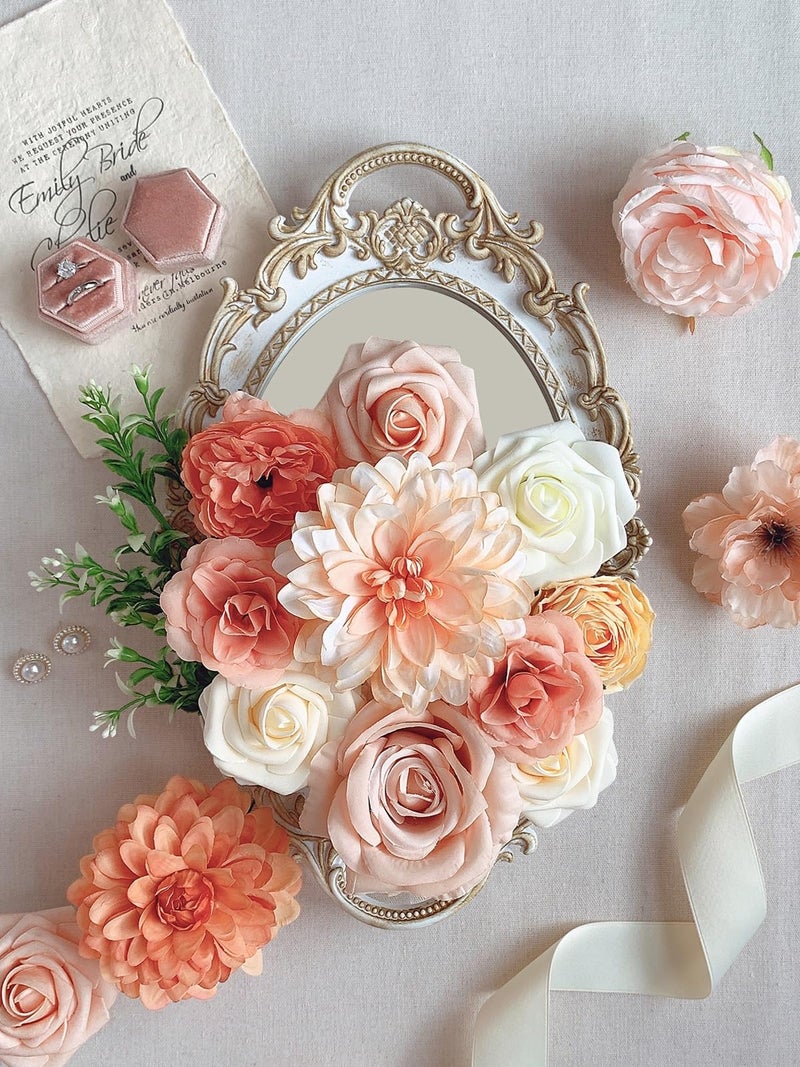 FACINOC Roses Artificial Flowers Orange Fake Flower with Stems for DIY Wedding Bouquets Bridal Baby Shower Centerpiece Table Decorations Silk Faux Floral Arrangements for Party Home Decor Indoor Peach - Image 4