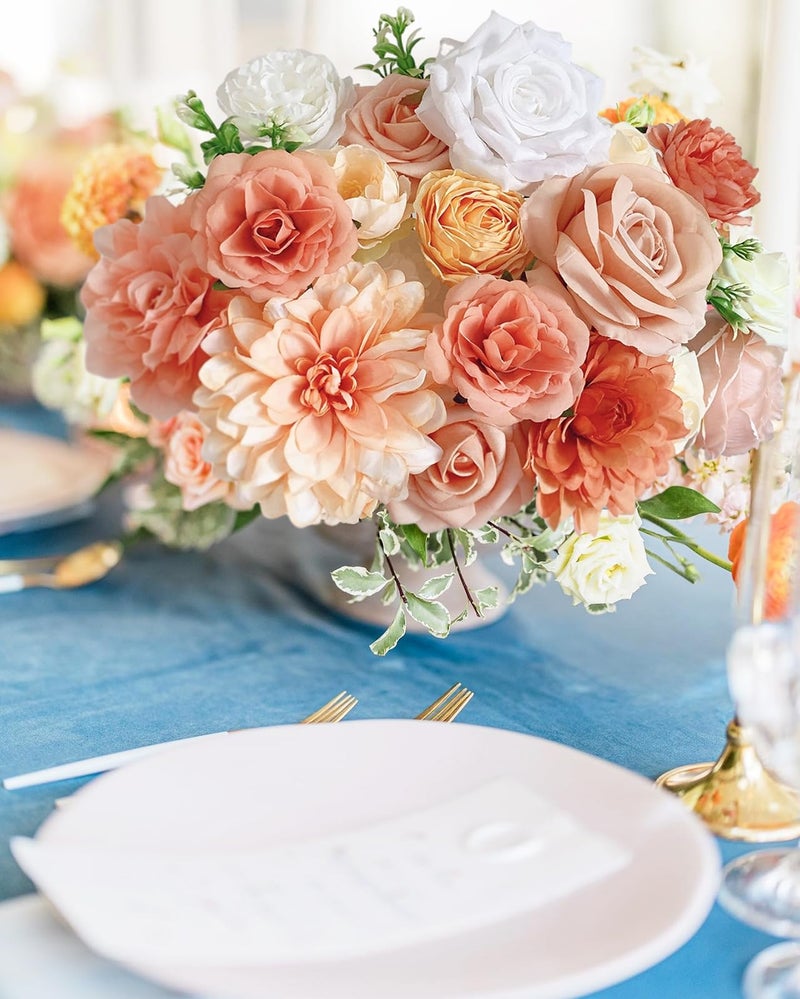 FACINOC Roses Artificial Flowers Orange Fake Flower with Stems for DIY Wedding Bouquets Bridal Baby Shower Centerpiece Table Decorations Silk Faux Floral Arrangements for Party Home Decor Indoor Peach - Image 3