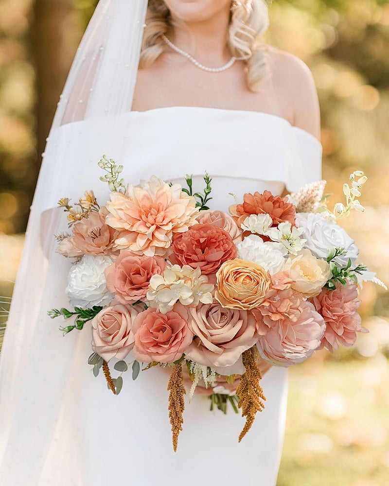FACINOC Roses Artificial Flowers Orange Fake Flower with Stems for DIY Wedding Bouquets Bridal Baby Shower Centerpiece Table Decorations Silk Faux Floral Arrangements for Party Home Decor Indoor Peach - Image 2