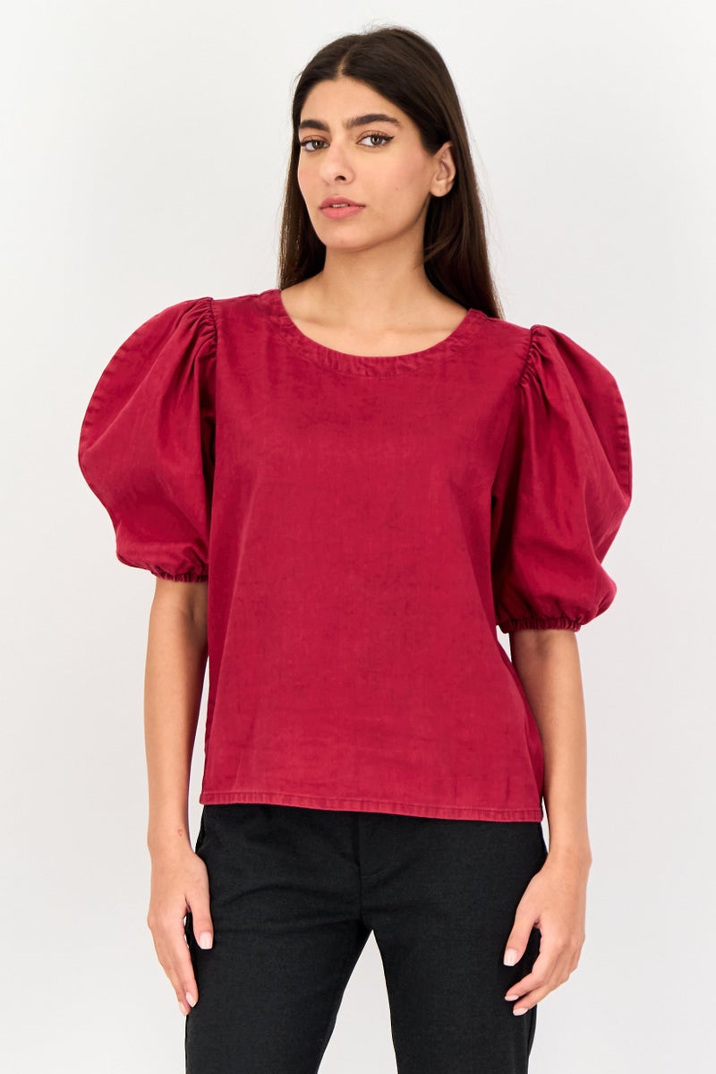 Levi's بلوزة نسائية بياقة دائرية وأكمام منتفخة، مارون - Image 1