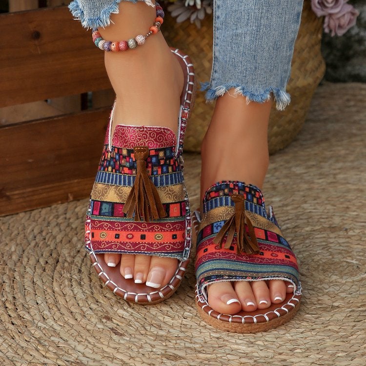 2025 Style Bohemian Flat Slippers For Outer Wear Tassel One-Line Beach Sandals - Image 2