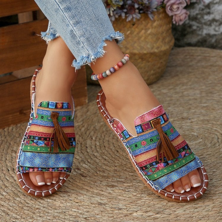 2025 Style Bohemian Flat Slippers For Outer Wear Tassel One-Line Beach Sandals - Image 1