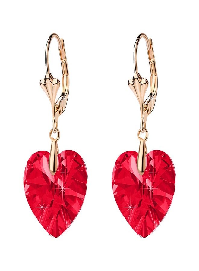 EVEVIC Austrian Crystal Heart Drop Leverback Earrings for Women Fashion Dangle Earring 14K Rose Gold Plated Hypoallergenic Jewelry (Red) - Image 1