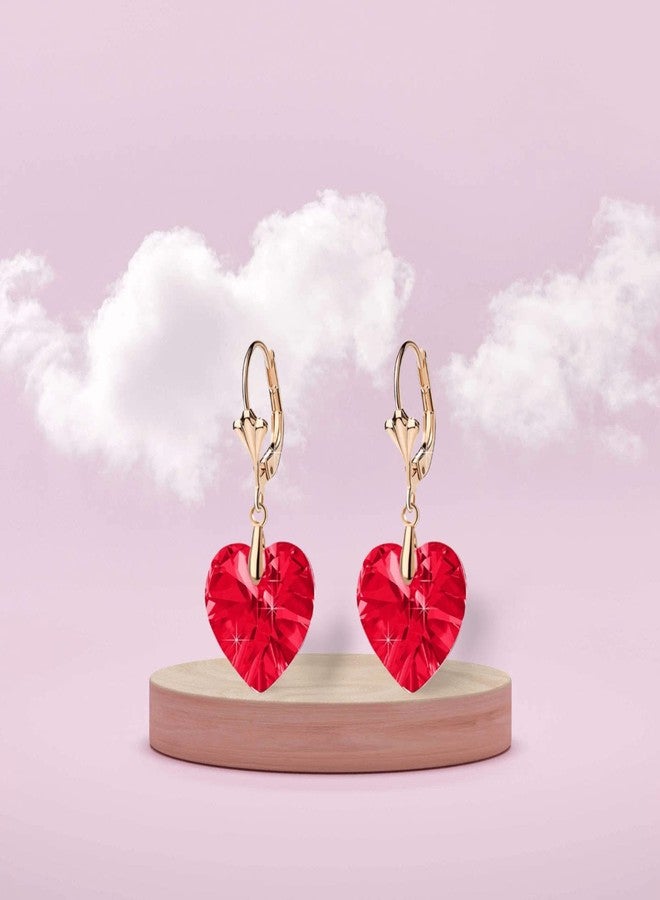 EVEVIC Austrian Crystal Heart Drop Leverback Earrings for Women Fashion Dangle Earring 14K Rose Gold Plated Hypoallergenic Jewelry (Red) - Image 3