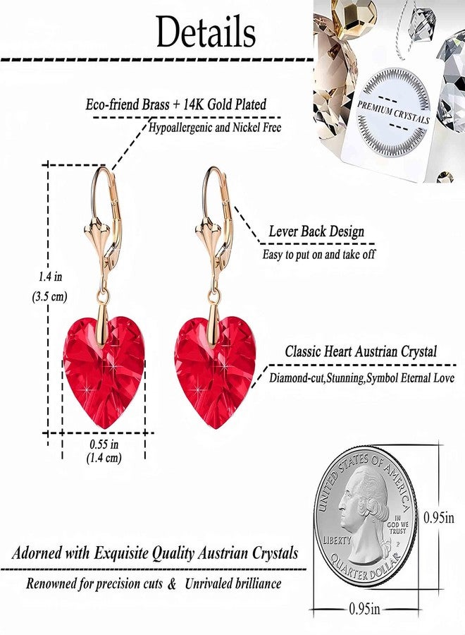 EVEVIC Austrian Crystal Heart Drop Leverback Earrings for Women Fashion Dangle Earring 14K Rose Gold Plated Hypoallergenic Jewelry (Red) - Image 4