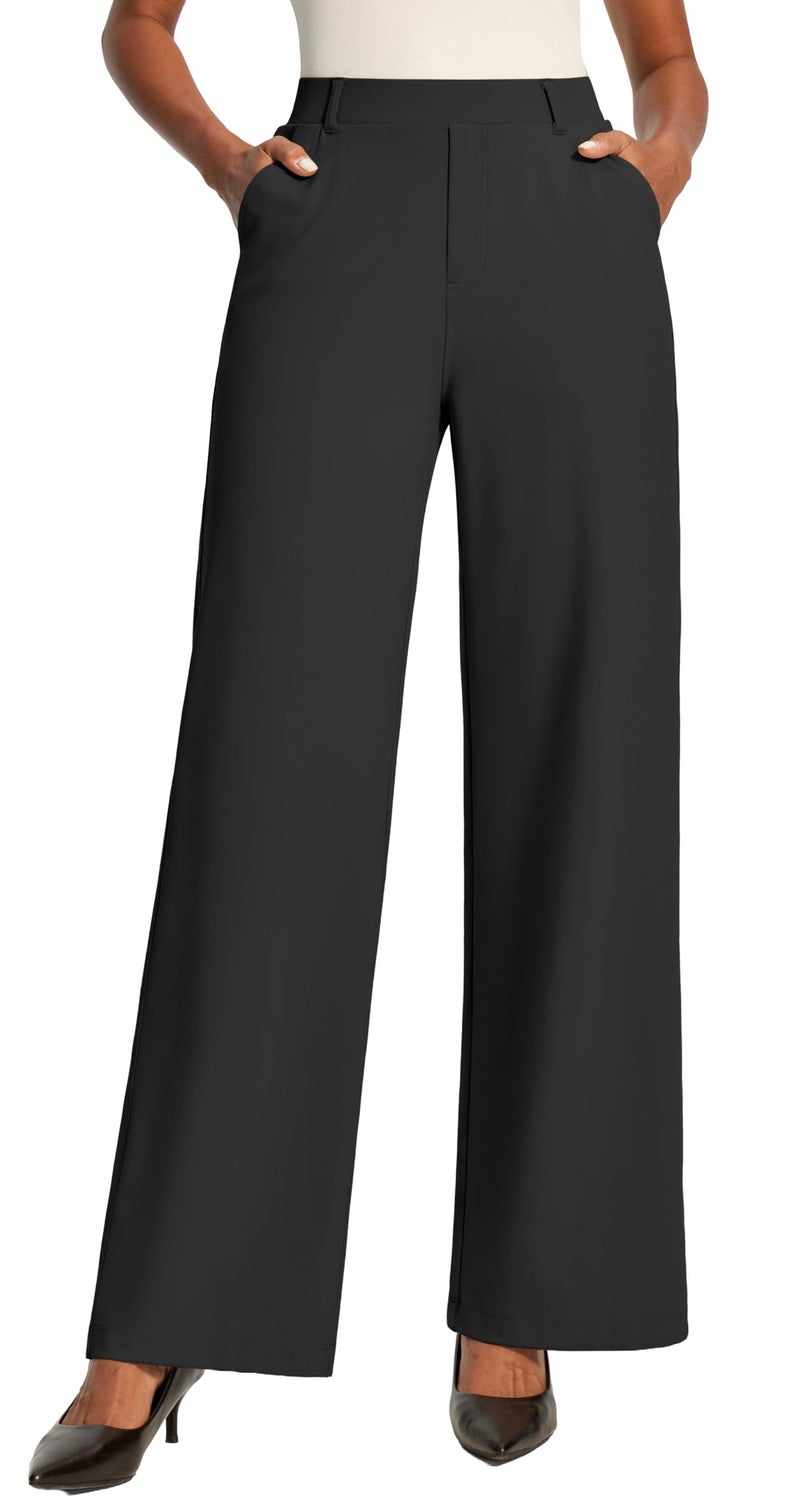 IUGA Womens Dress Pants Wide Leg Pull On Work Pants Women Stretchy High Waisted Business Casual Trousers Slacks with Pockets Black - Image 1