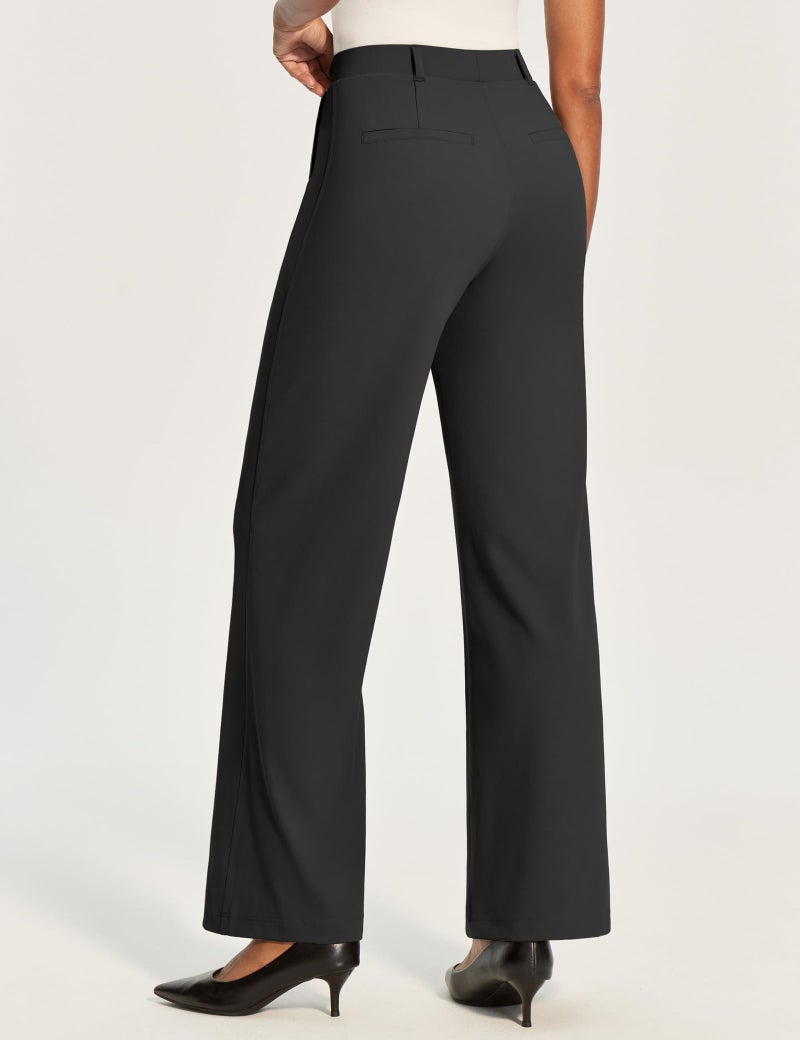 IUGA Womens Dress Pants Wide Leg Pull On Work Pants Women Stretchy High Waisted Business Casual Trousers Slacks with Pockets Black - Image 2