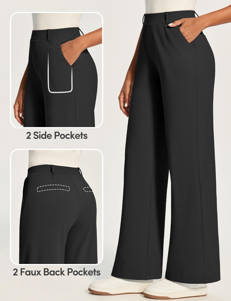 IUGA Womens Dress Pants Wide Leg Pull On Work Pants Women Stretchy High Waisted Business Casual Trousers Slacks with Pockets Black - Image 5
