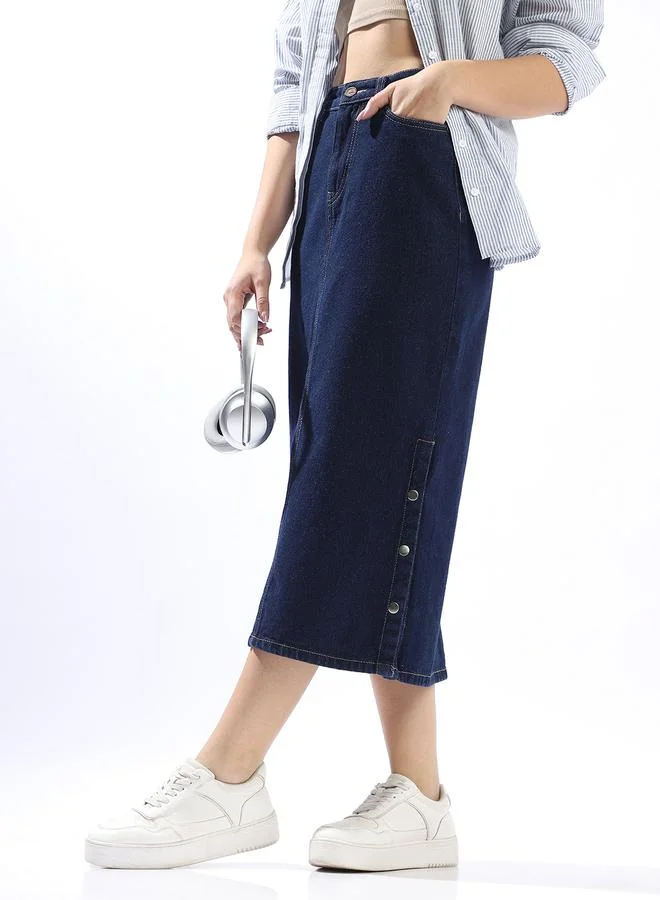 Hubberholme Pure Cotton Straight Midi Denim Side Slit Skirts