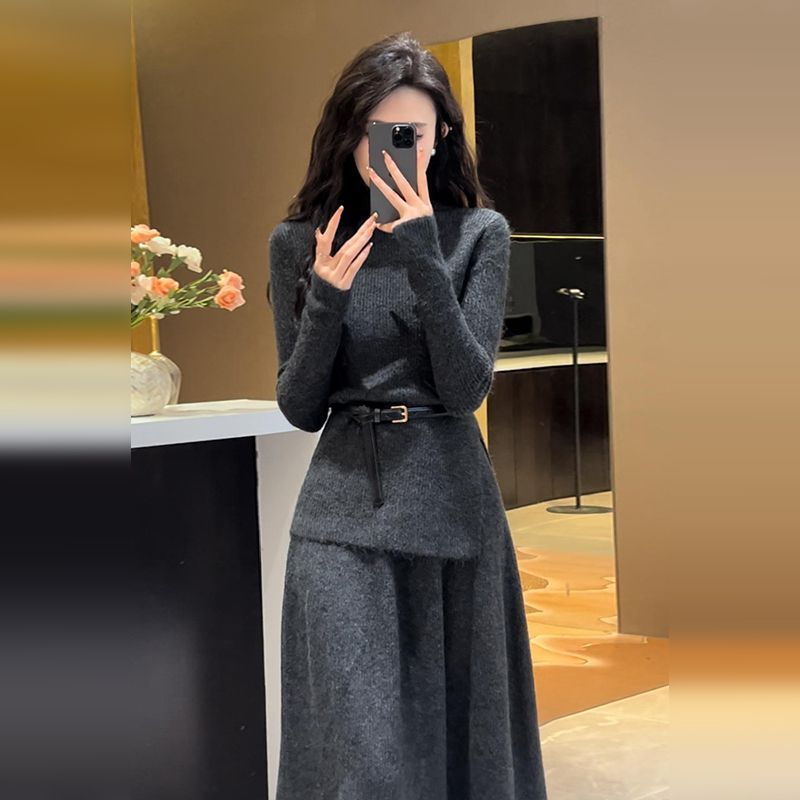Elegant Xiaoxiang Hepburn Style Knitted Two-Piece Dress 2024 New Womens Clothing Early Autumn Tea Style Wear with a Complete Set of Outer Wear Grey suit belt (quality assurance)