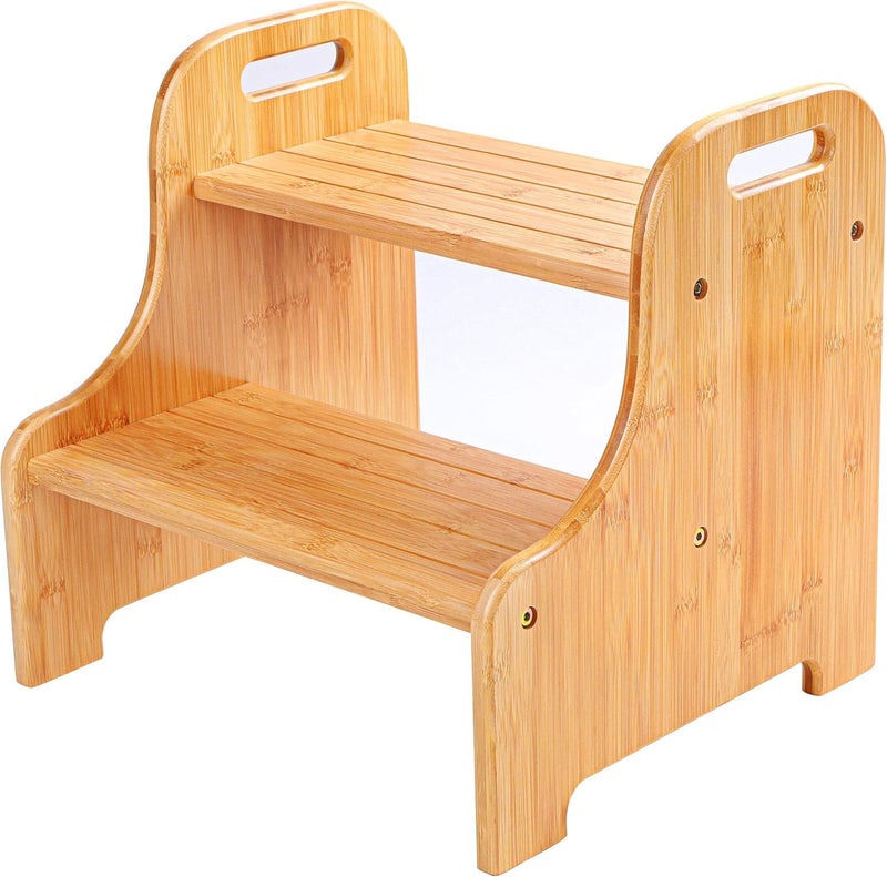 VaeFae Bamboo 2 Step Stool with Non-Slip Step Treads and 2 Cutout Handles (Natural) - Image 1