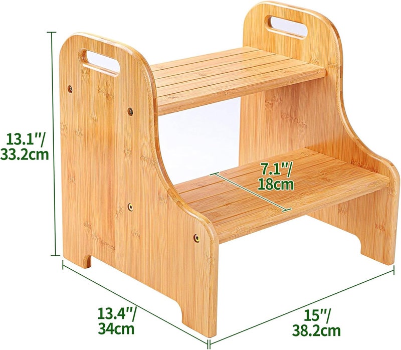 VaeFae Bamboo 2 Step Stool with Non-Slip Step Treads and 2 Cutout Handles (Natural) - Image 2