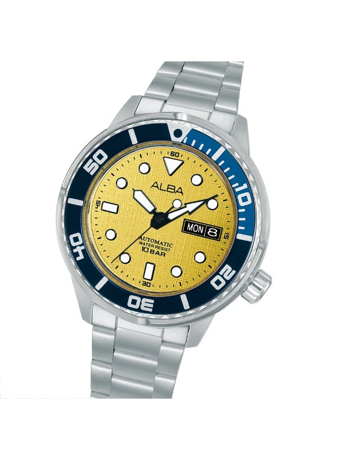 Alba Mechanical Automatic Men’s Watch AL4773X2, 43 mm Yellow Dial, Stainless Steel Case & Bracelet, Rotating Bezel, 100 m WR - Image 4
