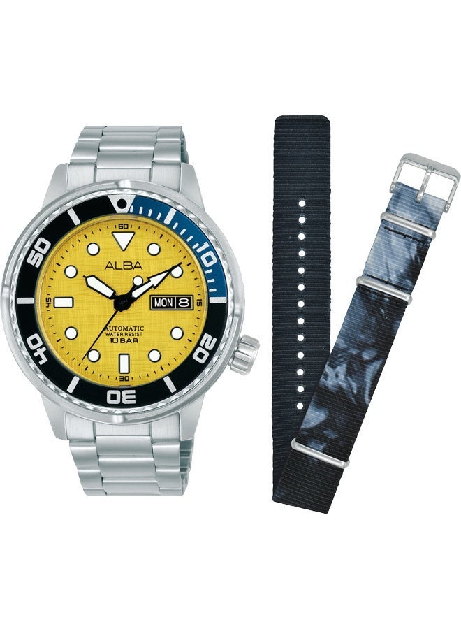 Alba Mechanical Automatic Men’s Watch AL4773X2, 43 mm Yellow Dial, Stainless Steel Case & Bracelet, Rotating Bezel, 100 m WR - Image 1