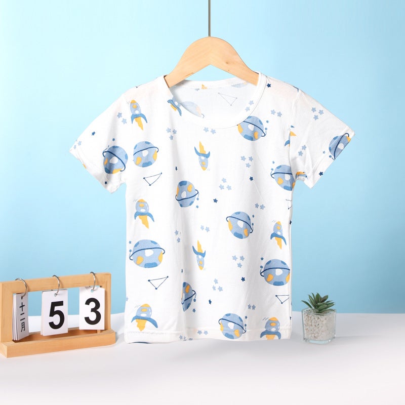Summer Children'S Short-Sleeved T-Shirt Bamboo Cotton Cotton Half-Sleeved Girls' T-Shirt Boys Short-Sleeved Children'S Clothing Base Top Home Clothes - Image 1
