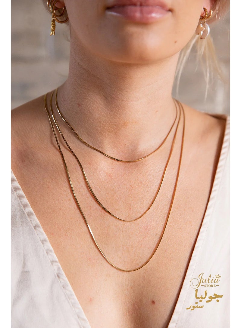 Julia Store 18k Gold Plated 316L Stainless Steel Trendy Triple layer Thin 2MM Snake Herringbone Choker Dainty Layered Necklaces - Image 5