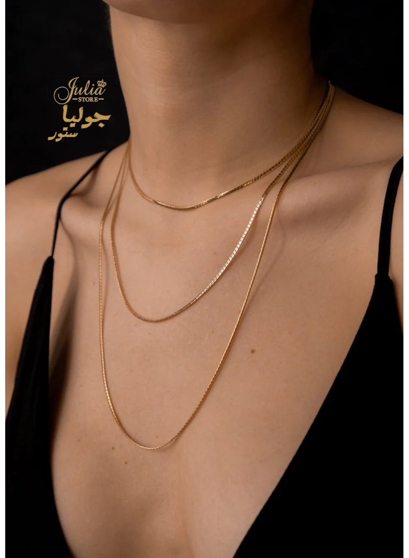 Julia Store 18k Gold Plated 316L Stainless Steel Trendy Triple layer Thin 2MM Snake Herringbone Choker Dainty Layered Necklaces - Image 4