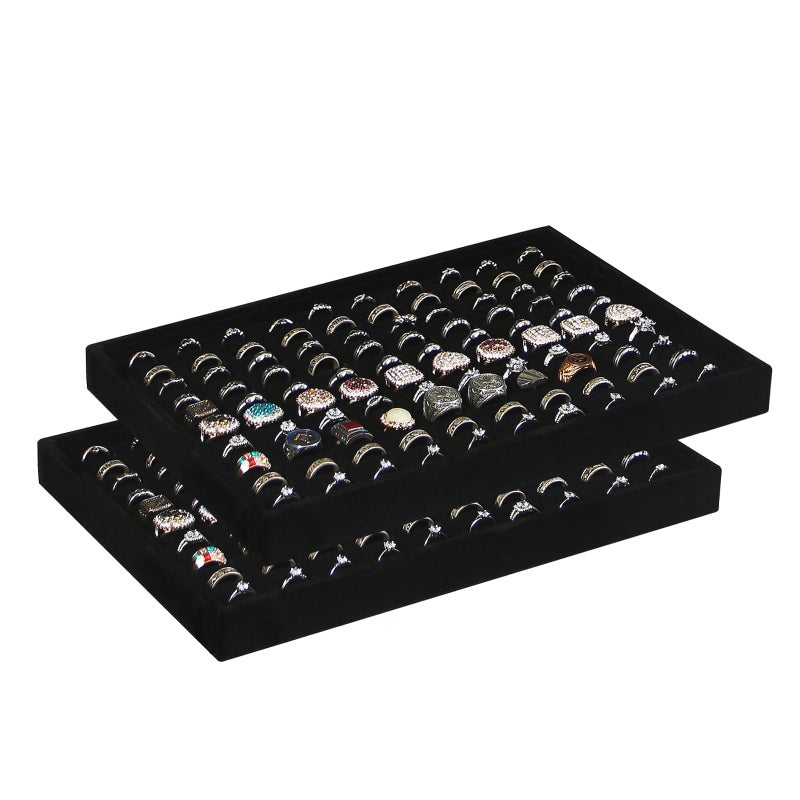 Coward 2PcsSet Black Velvet Stackable Ring Organizer Tray Velvet Ring Earring Stud Jewelry Display Holder Tray for Store Selling or Home Show Storage - Image 2