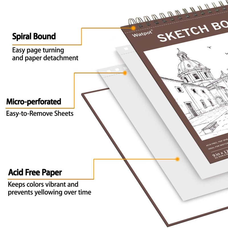 Watpot 9" x 12" Hard Cover Sketch Book, Top Spiral Bound Sketch Pad, 100 Sheets 68lb/100gsm Drawing Paper, 1 Pack - Image 4