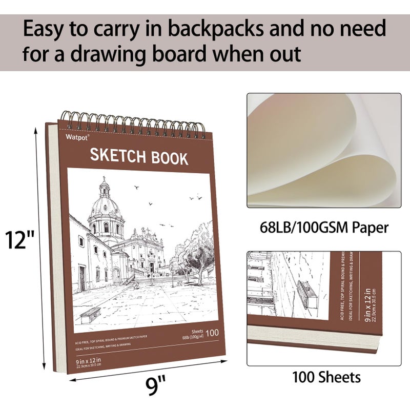 Watpot 9" x 12" Hard Cover Sketch Book, Top Spiral Bound Sketch Pad, 100 Sheets 68lb/100gsm Drawing Paper, 1 Pack - Image 2