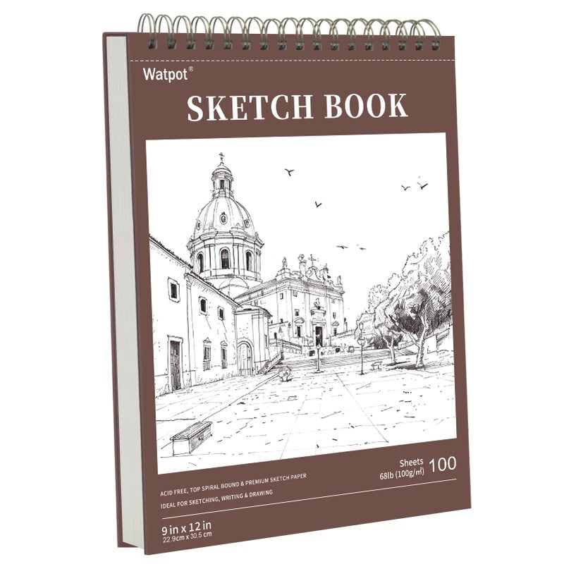 Watpot 9" x 12" Hard Cover Sketch Book, Top Spiral Bound Sketch Pad, 100 Sheets 68lb/100gsm Drawing Paper, 1 Pack - Image 1