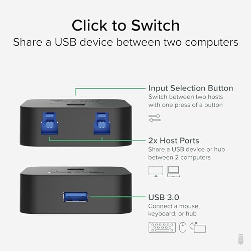 Plugable USB 3.0 Sharing Switch, One-Button USB A Switch to Share Devices Between 2 Computers | KVM Switch for Keyboards, Docking Stations & More - Image 2