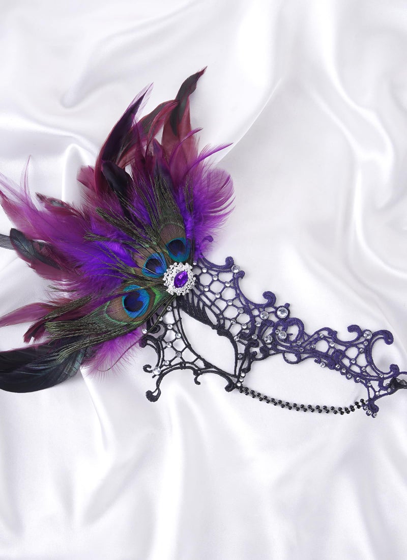 Zinniday Halloween Masquerade Masks for Women -2026 Black Purple Peacock Feather Lace Mask, 1920s 50s Antique Venetian Eyemask for Woman Cosplay Party Evening Carnival Costume Prom Renaissance - Image 3