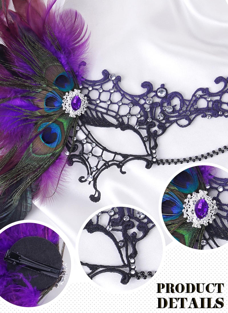 Zinniday Halloween Masquerade Masks for Women -2026 Black Purple Peacock Feather Lace Mask, 1920s 50s Antique Venetian Eyemask for Woman Cosplay Party Evening Carnival Costume Prom Renaissance - Image 5