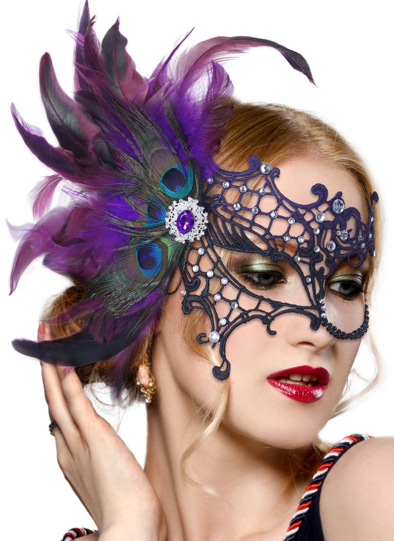 Zinniday Halloween Masquerade Masks for Women -2026 Black Purple Peacock Feather Lace Mask, 1920s 50s Antique Venetian Eyemask for Woman Cosplay Party Evening Carnival Costume Prom Renaissance - Image 1