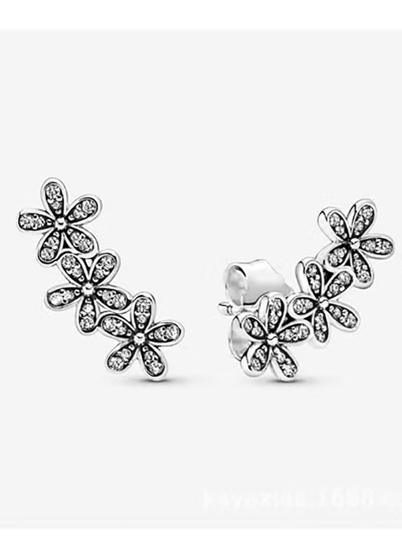 Daisy-shaped Earrings, Sterling Silver with Full Diamond Inlay