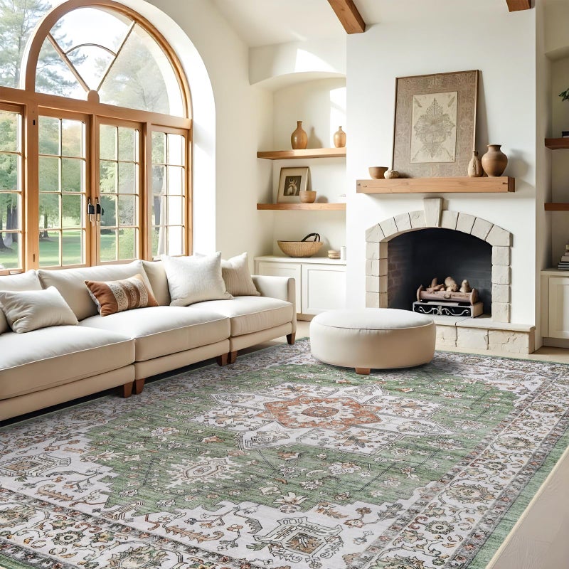 RUUGME Washable 9x12 Area Rugs - Large Boho Rugs for Living Room Kitchen Stain Resistant Carpet Vintage Tribal Rugs for Bedroom with Non Slip Backing Decor Floor Decoration Mat 9x12 Sage/Green - Image 1
