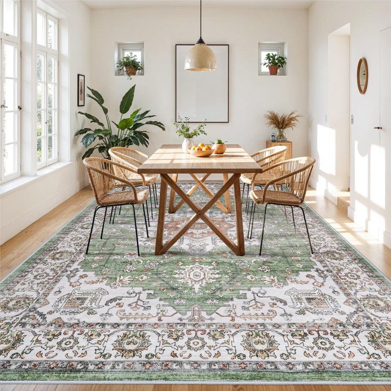 RUUGME Washable 9x12 Area Rugs - Large Boho Rugs for Living Room Kitchen Stain Resistant Carpet Vintage Tribal Rugs for Bedroom with Non Slip Backing Decor Floor Decoration Mat 9x12 Sage/Green - Image 3