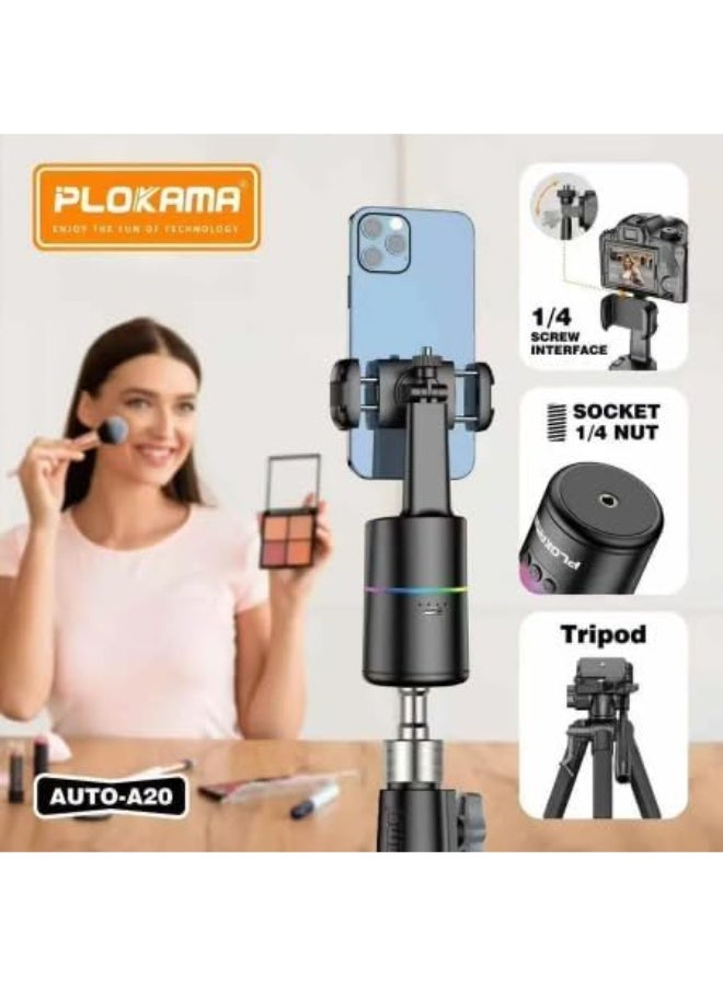 Plokama AUTO-A20 Mobile Phone Stabilizer with 360° Auto Face Tracking, TYPE C Output - with Remote Control - For Content Creators - Black - https://f.nooncdn.com/p/pzsku/Z859459842B9E16D07F44Z/45/1759059053/8b10d46a-57e4-4f7c-acf0-84e9925a84b4.jpg