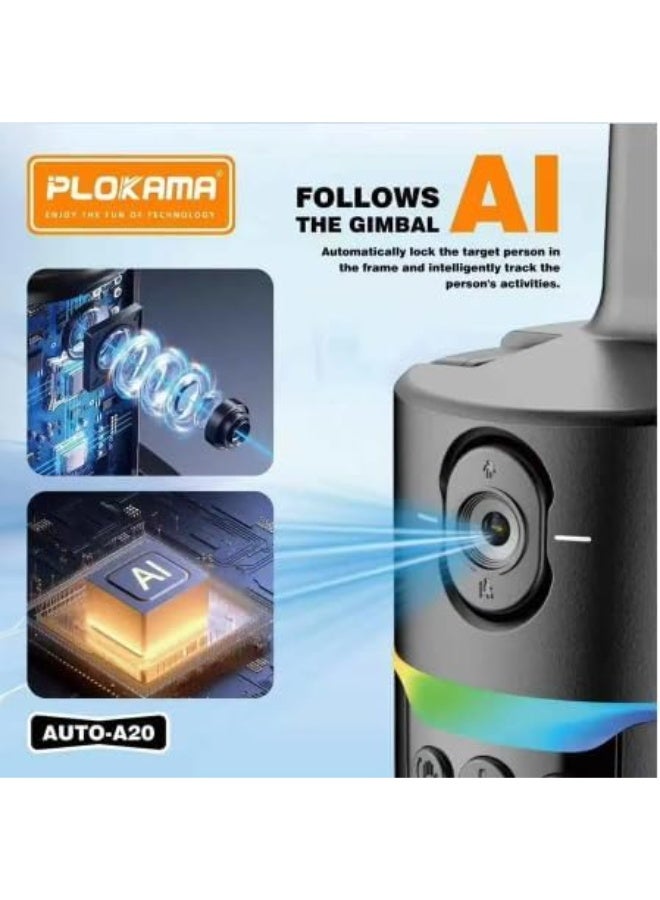 Plokama AUTO-A20 Mobile Phone Stabilizer with 360° Auto Face Tracking, TYPE C Output - with Remote Control - For Content Creators - Black - https://f.nooncdn.com/p/pzsku/Z859459842B9E16D07F44Z/45/1759059095/1413e661-85ef-42d0-97b0-952615f1ea5d.jpg