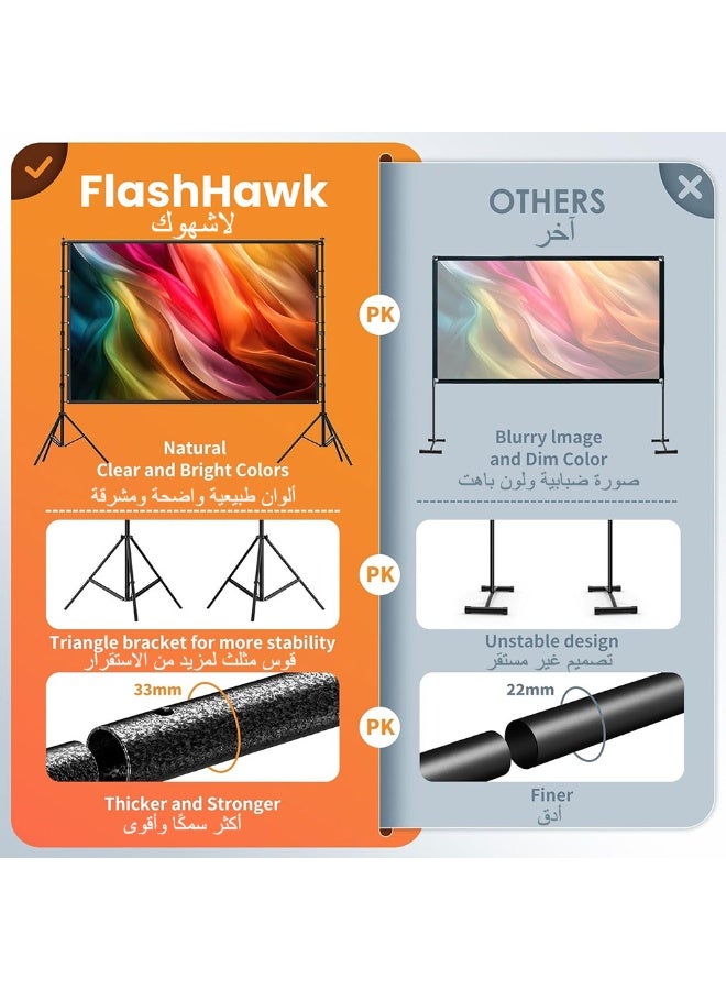 Flash Hawk شاشة عرض محمولة خارجية وداخلية بحجم 84 بوصة بنسبة 16:9 مع حوامل ثلاثية عالية 2 متر شاشة أفلام 4K HD - Image 4