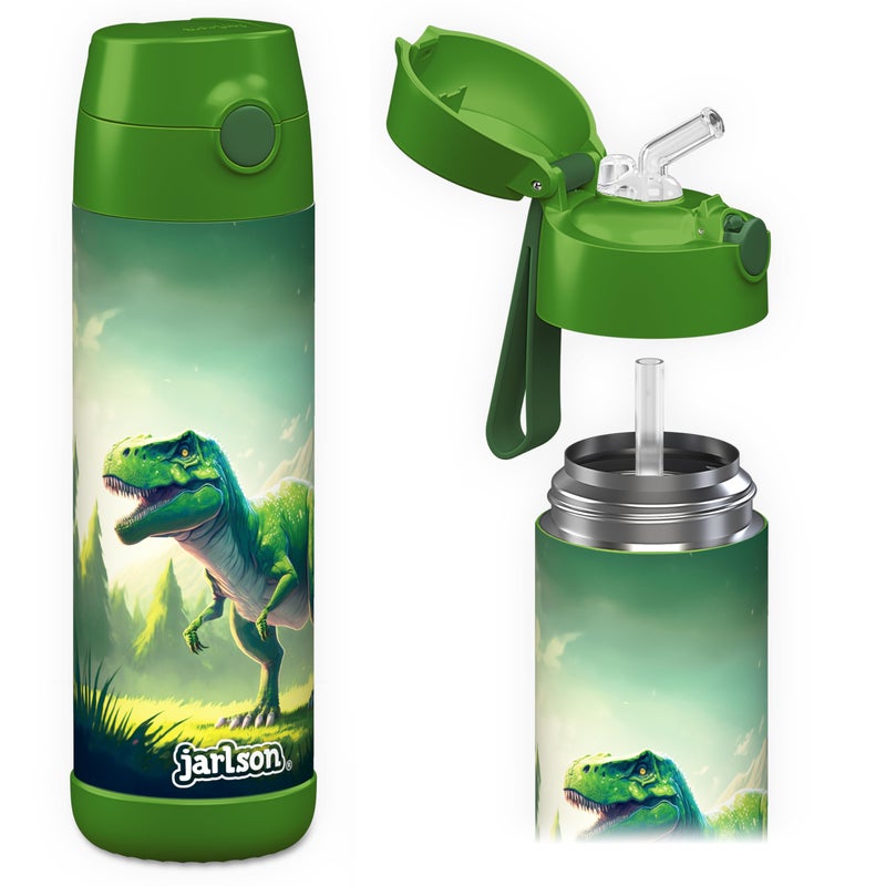 JARLSON kids water bottle with straw CHARLI insulated stainless steel water bottle thermos girlsboys Dinsaur Green 18 oz