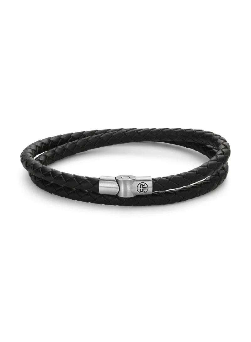 Rebel & Rose Men's Full Metal Double Round Braided Leather Bracelet, Black