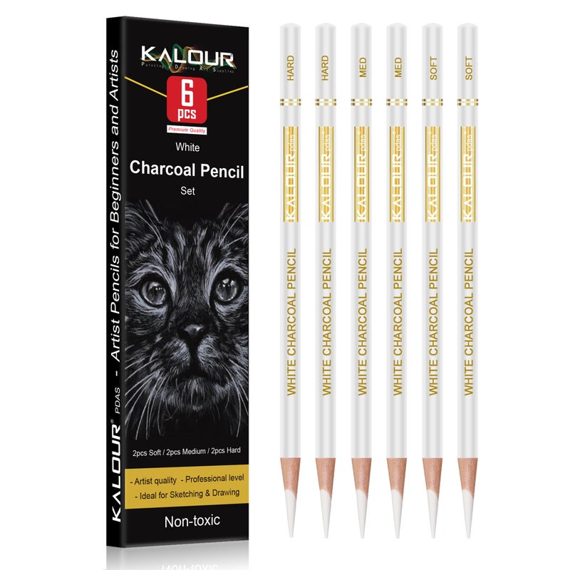 KALOUR White Charcoal Pencils Drawing Set Professional 6 Pieces White Sketch Pencils for Drawing Sketching Shading Blending Chalk for Beginners Artists