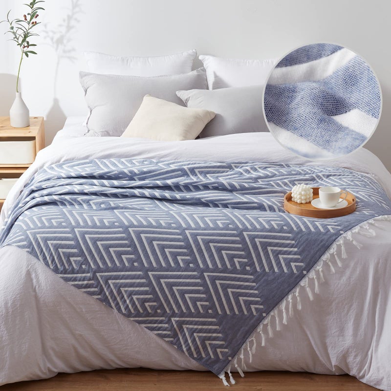 SE SOFTEXLY Muslin Blanket Throw 50x60 Jacquard Summer Cooling Blanket Cozy Organic Egyptian Cotton Bed Spread for Bed Couch Breathable Lightweight Keep Body Cool for Hot Sleepers