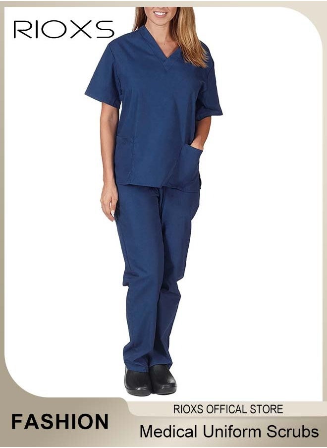 RIOXS - Unisex Medical Uniform Scrubs, Women And Men Scrubs Set, Professionals Medical Scrubs Short Sleeve Top And Pants For Workwear, Soft Stretch V-Neck Top And Trousers - Image 1